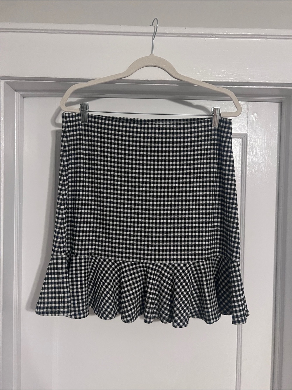LOFT Black & White Gingham Mini Skirt with Ruffle Hem